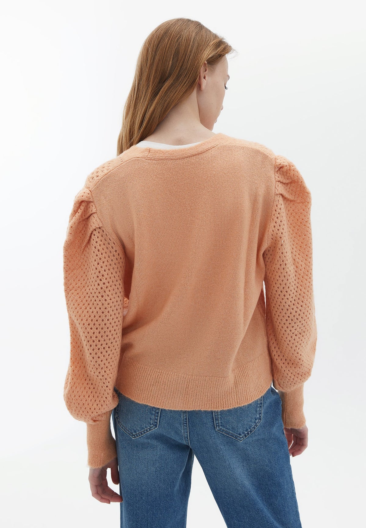 Women's Cardigan, Balloon Sleeve Cardigan, Deep V-Neck, Long Sleeve Cardigan, Knit Cardigan - PEACH NOUGAT