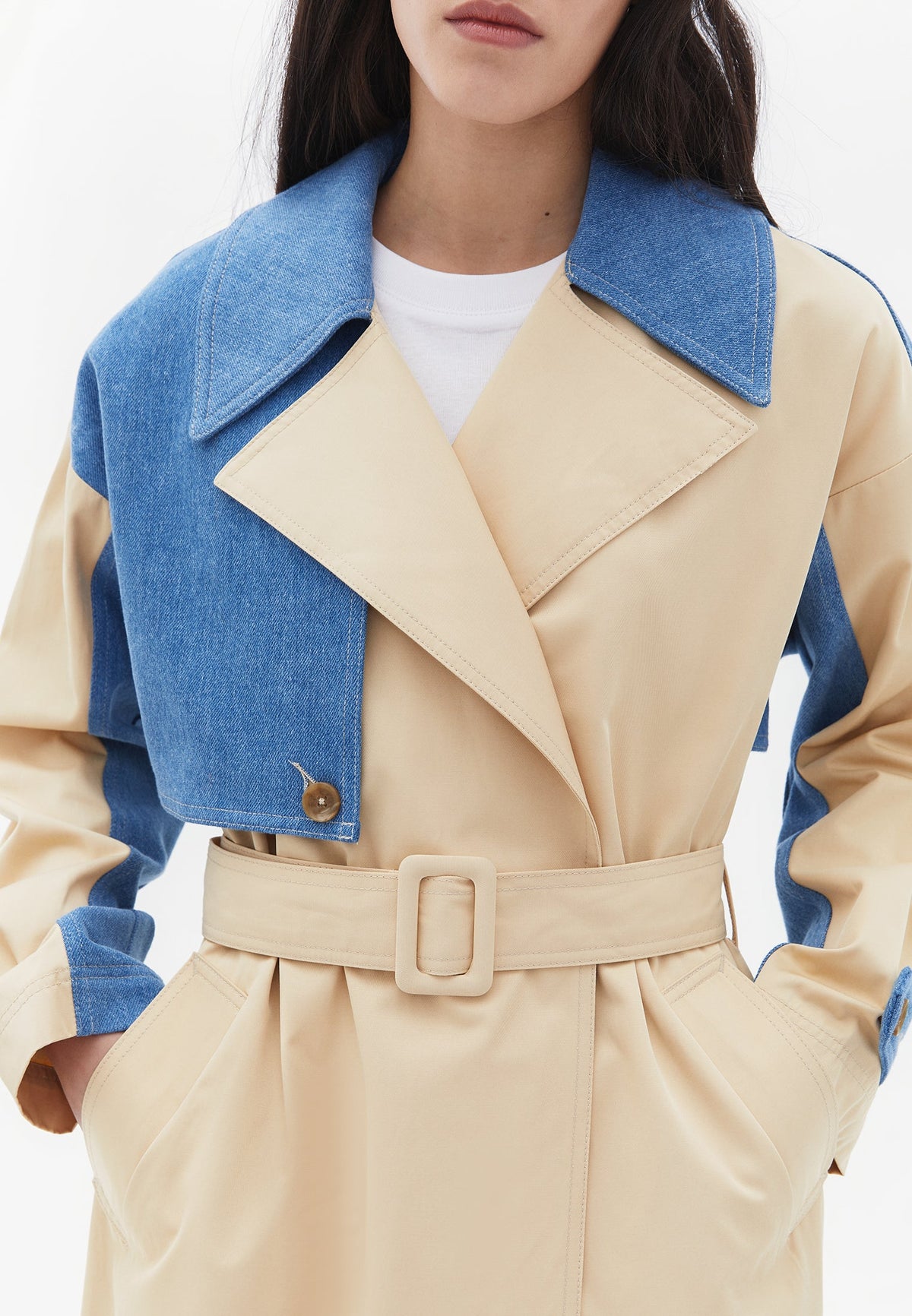 Double Breasted Long Cotton Trenchcoat - PEBBLE