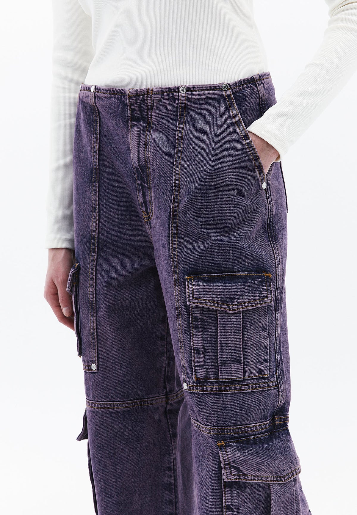 Wide Leg Cargo Pants - PURPLE MID DENIM