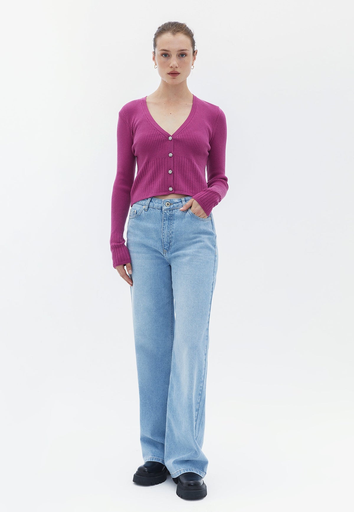 Deep V Neck Raglan Sleeve Buttoned Cardigan - ROSE SORBET