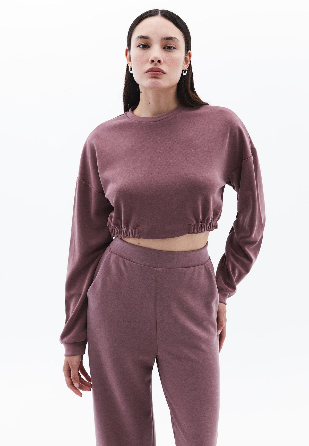 Crew Neck Long Sleeve Cropped Sweatshirt - ROSE TAUPE