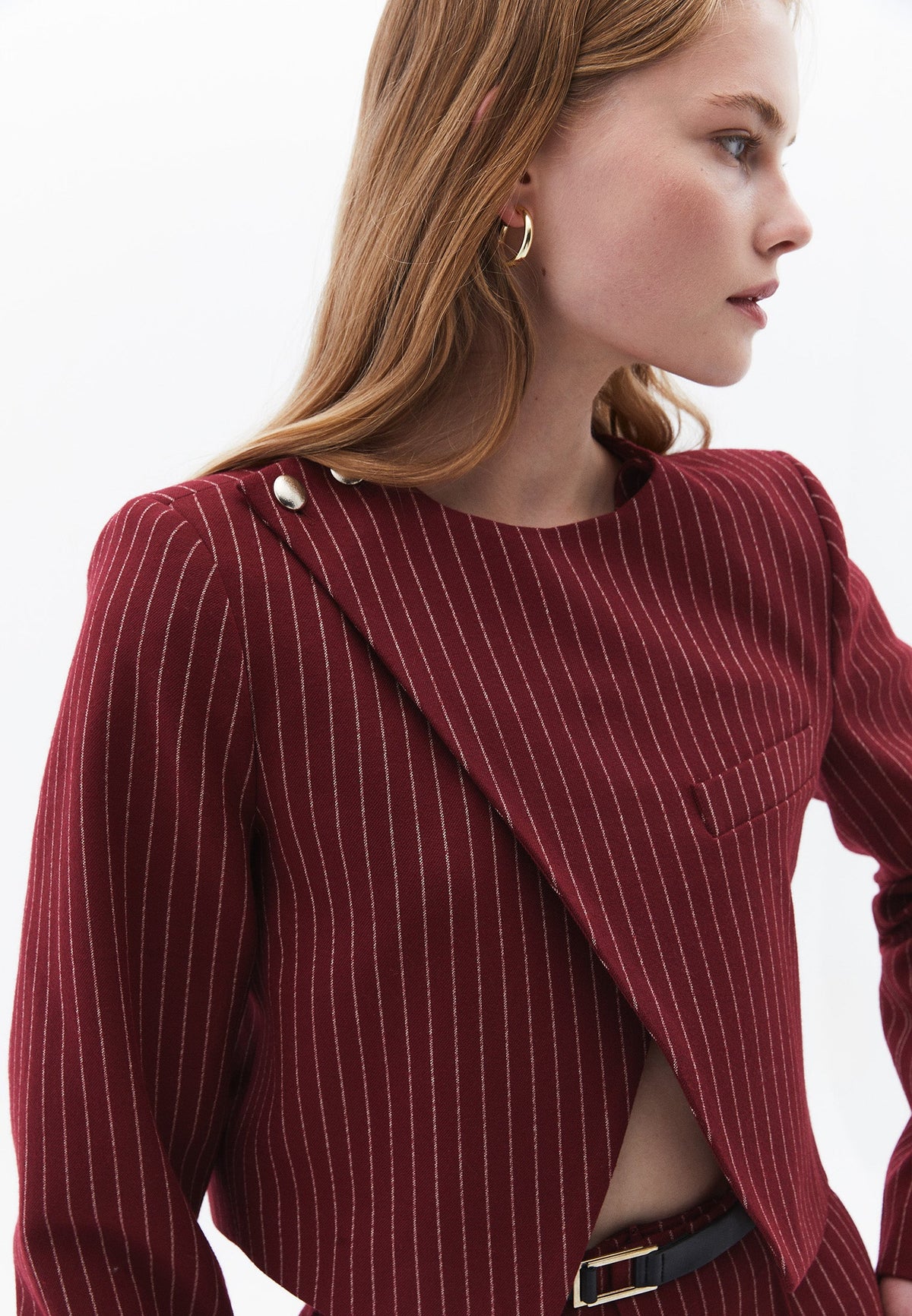 Asymmetric Striped Cropped Blazer Jacket - RUMBA RED