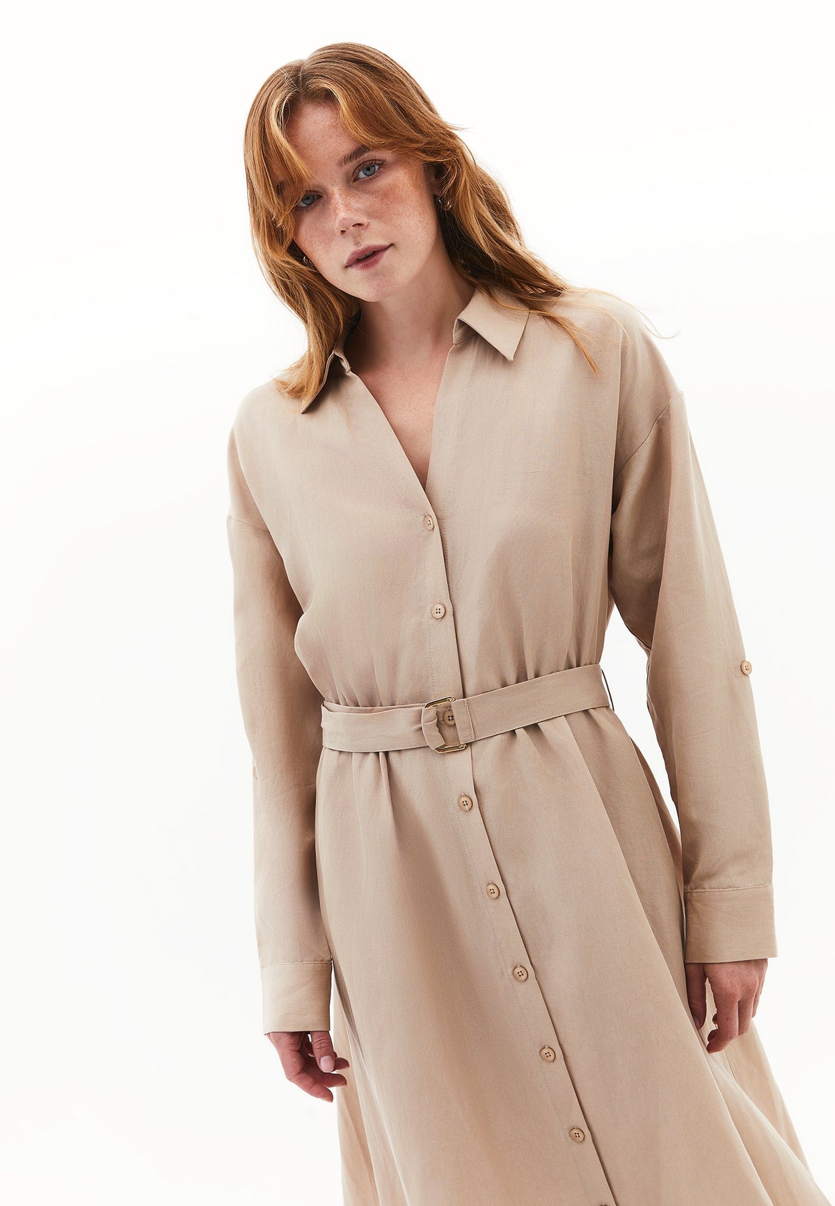 Long Dress With Belt Detail - SAVANNAH TAN