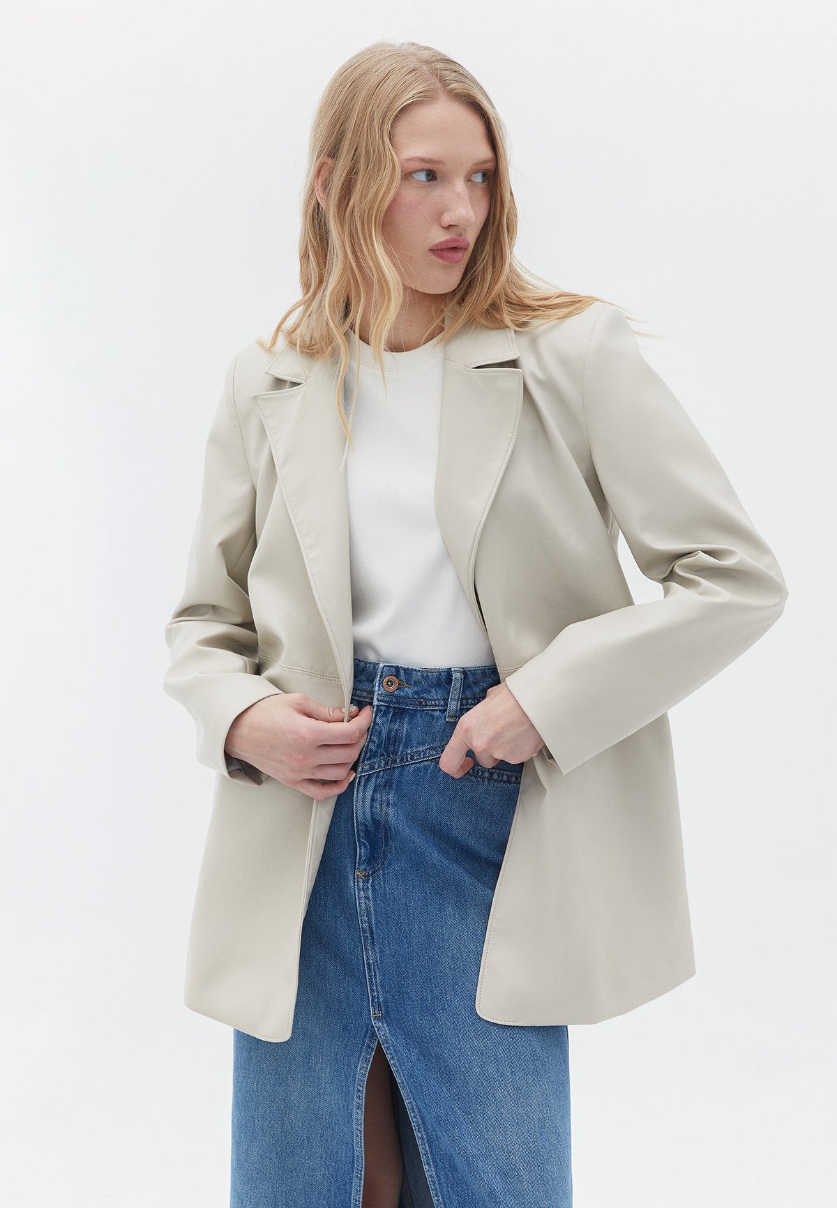 Long Sleeve Jacket With Button Details - SILVER BIRCH