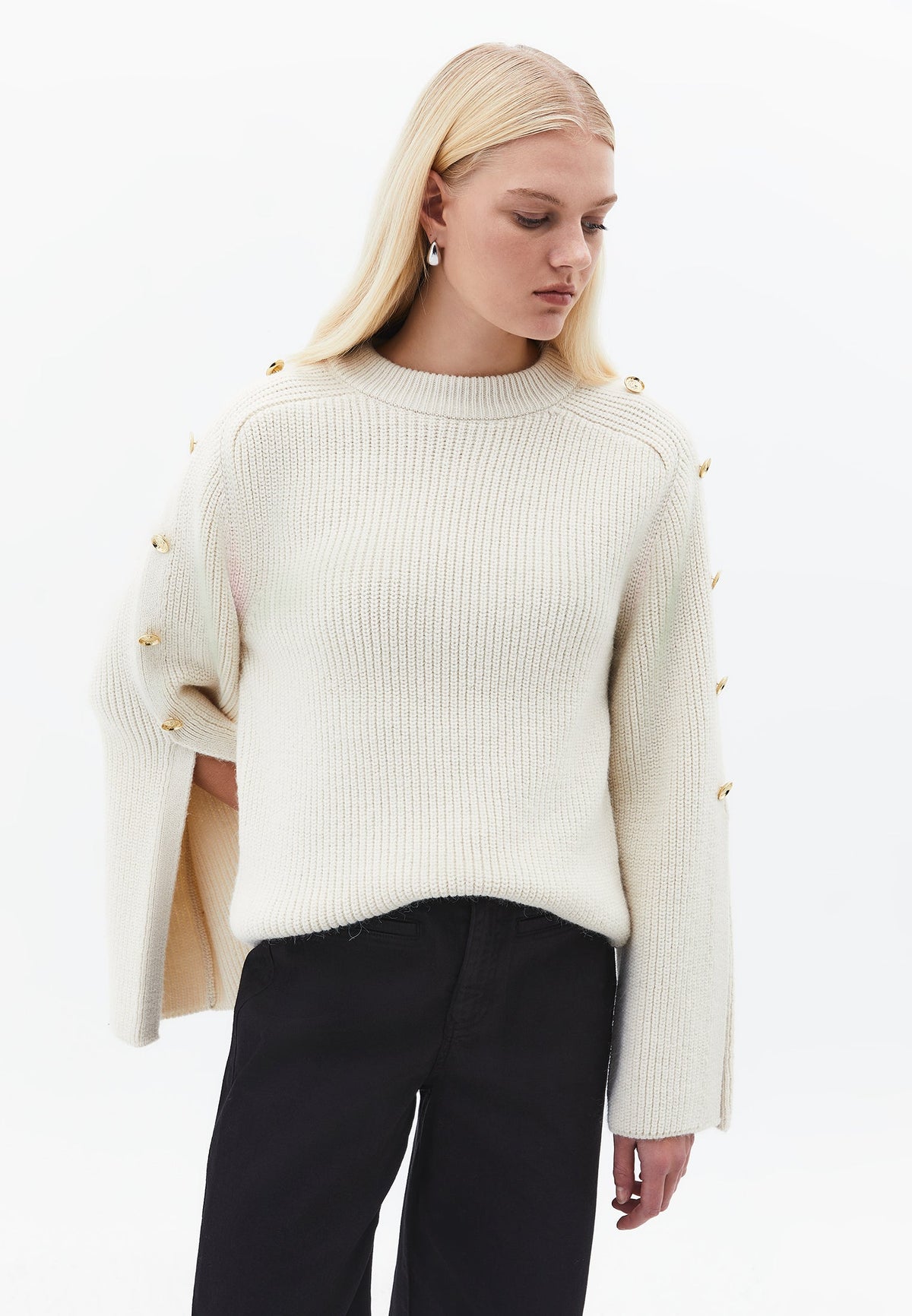 Sweater With Button Details - SILVER BIRCH