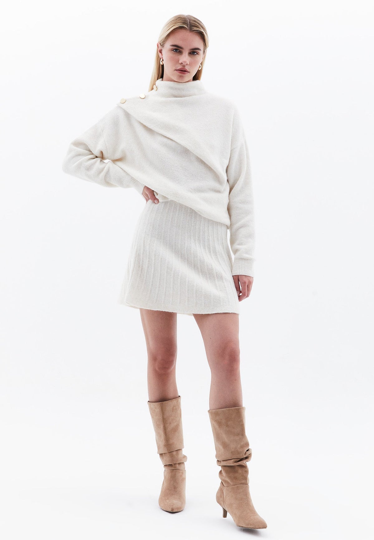 High Neck Button Detailed Sweater - SILVER BIRCH