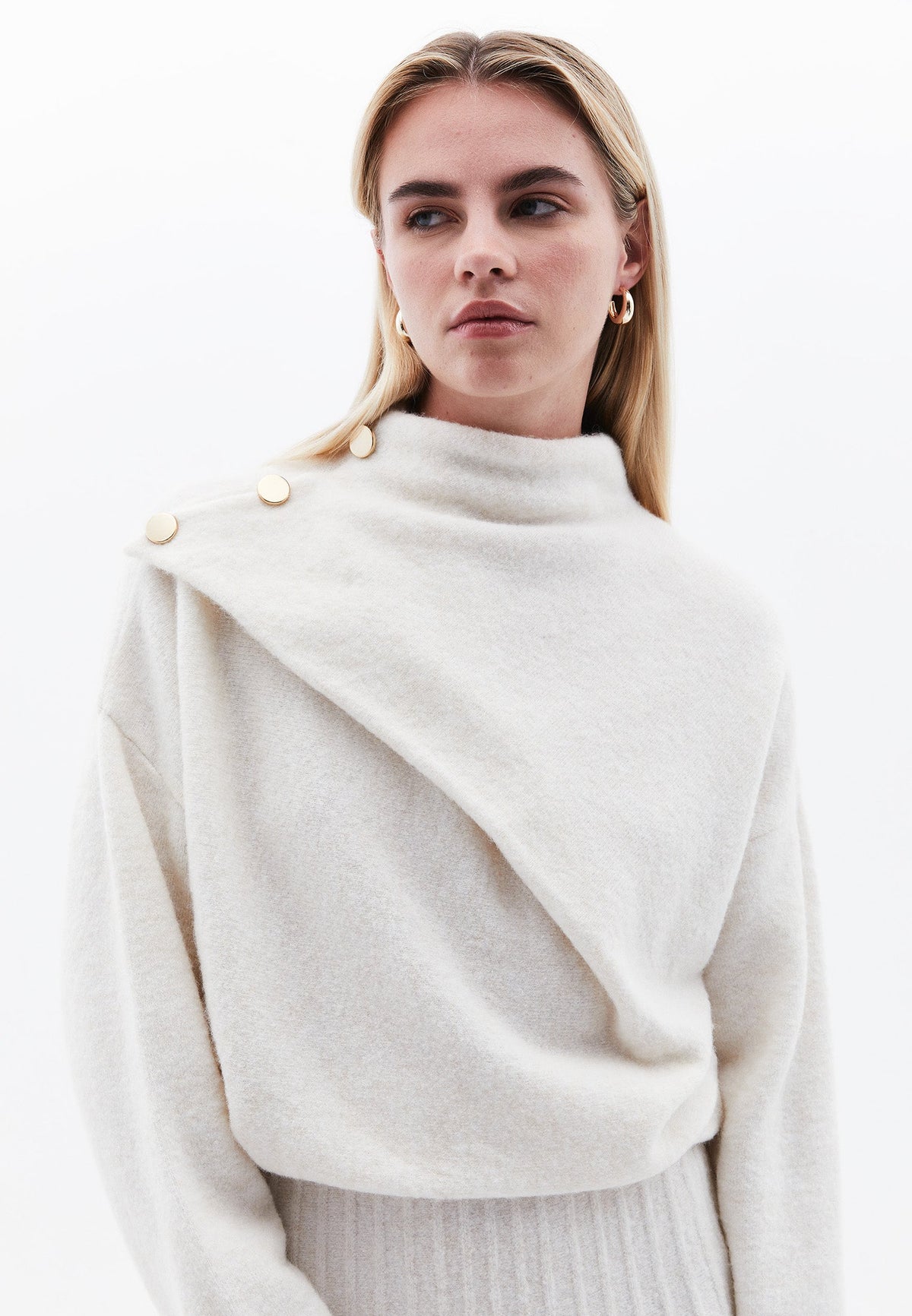 High Neck Button Detailed Sweater - SILVER BIRCH