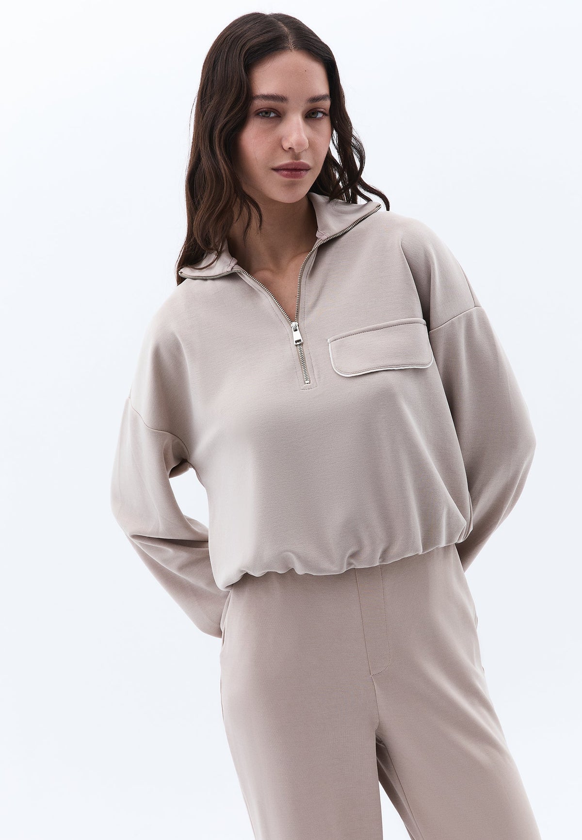 Sweatshirt With Pocket Detail And High Collar - SIMPLY TAUPE