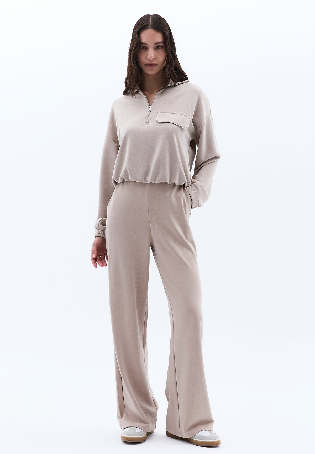 Sweatshirt With Pocket Detail And High Collar - SIMPLY TAUPE