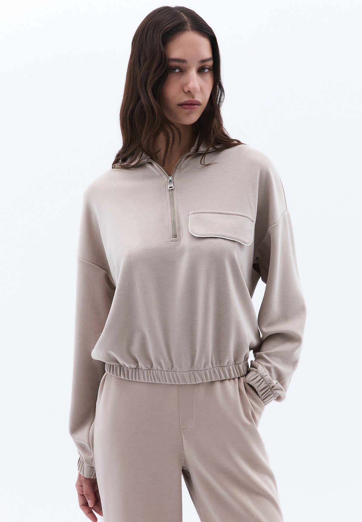 Sweatshirt With Pocket Detail And High Collar - SIMPLY TAUPE