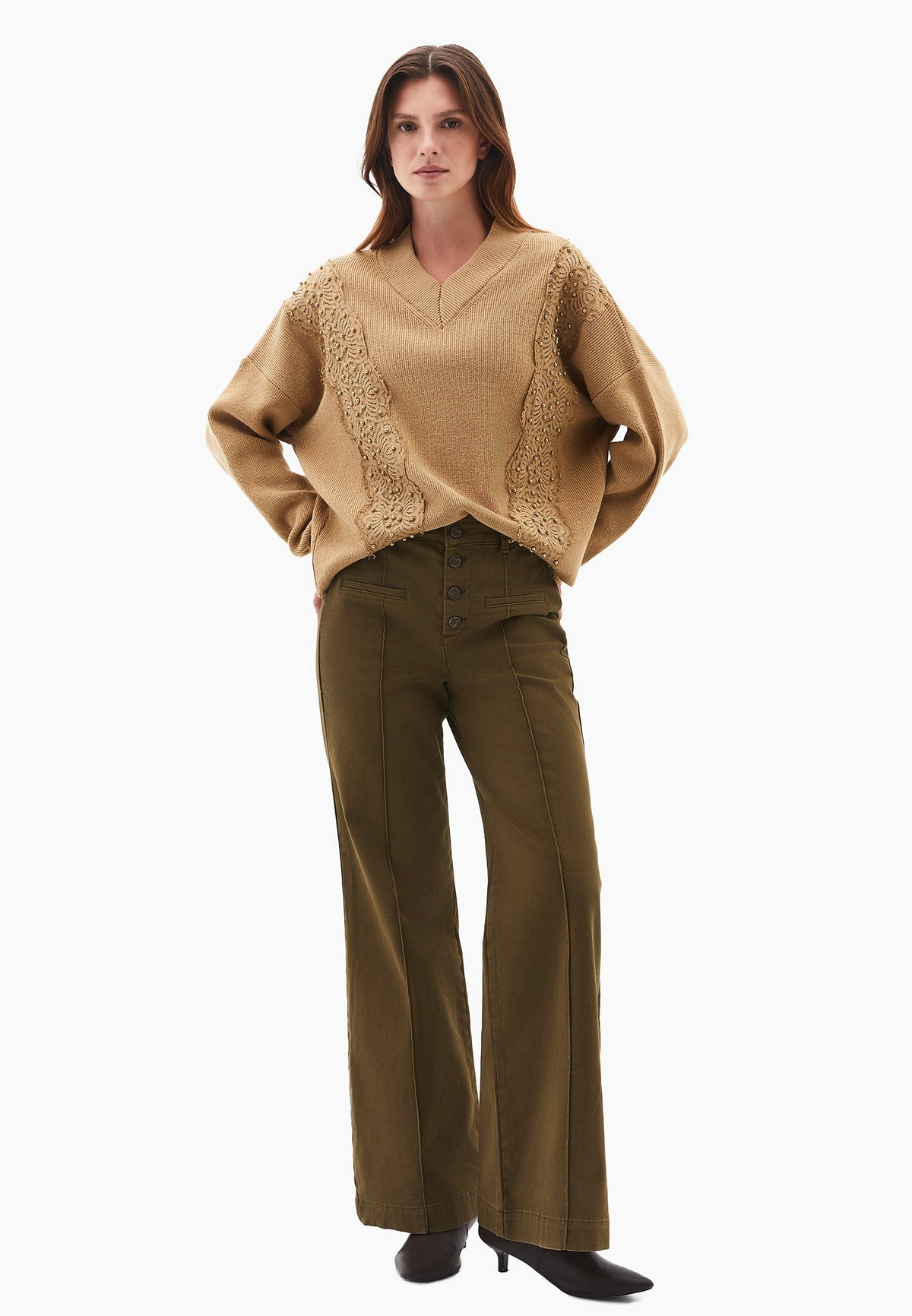 V Neck Embroidered Long Sleeve Sweater - STARFISH