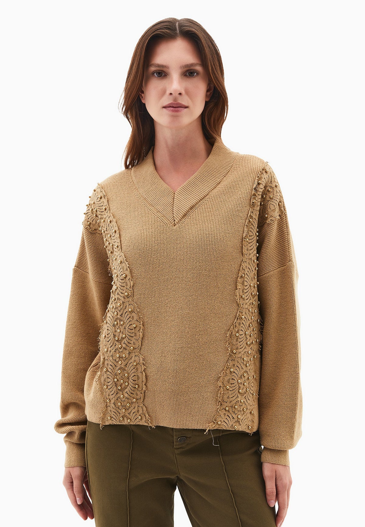 V Neck Embroidered Long Sleeve Sweater - STARFISH