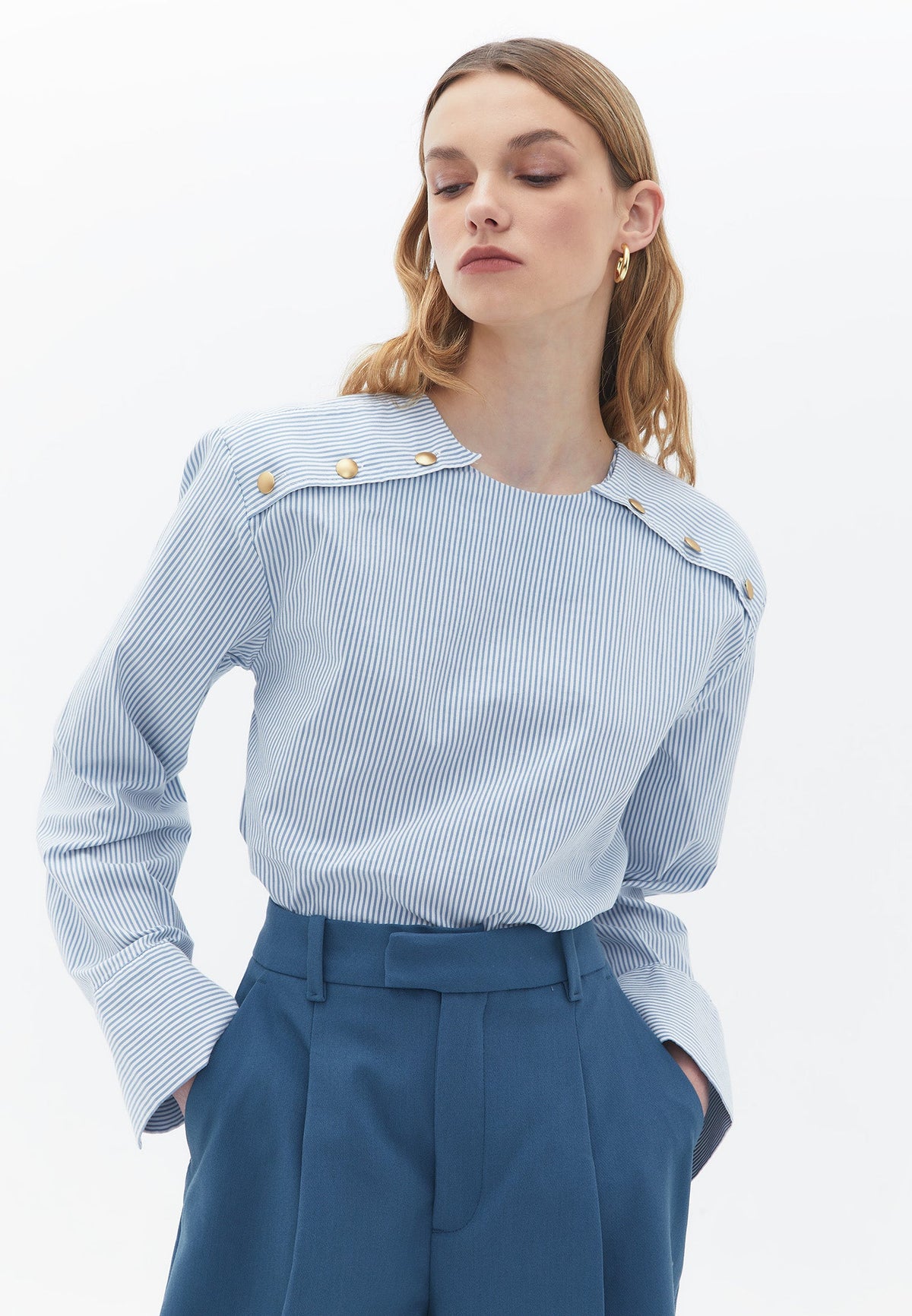 Long Sleeve Blouse With Button Detail - STRIPE COMB