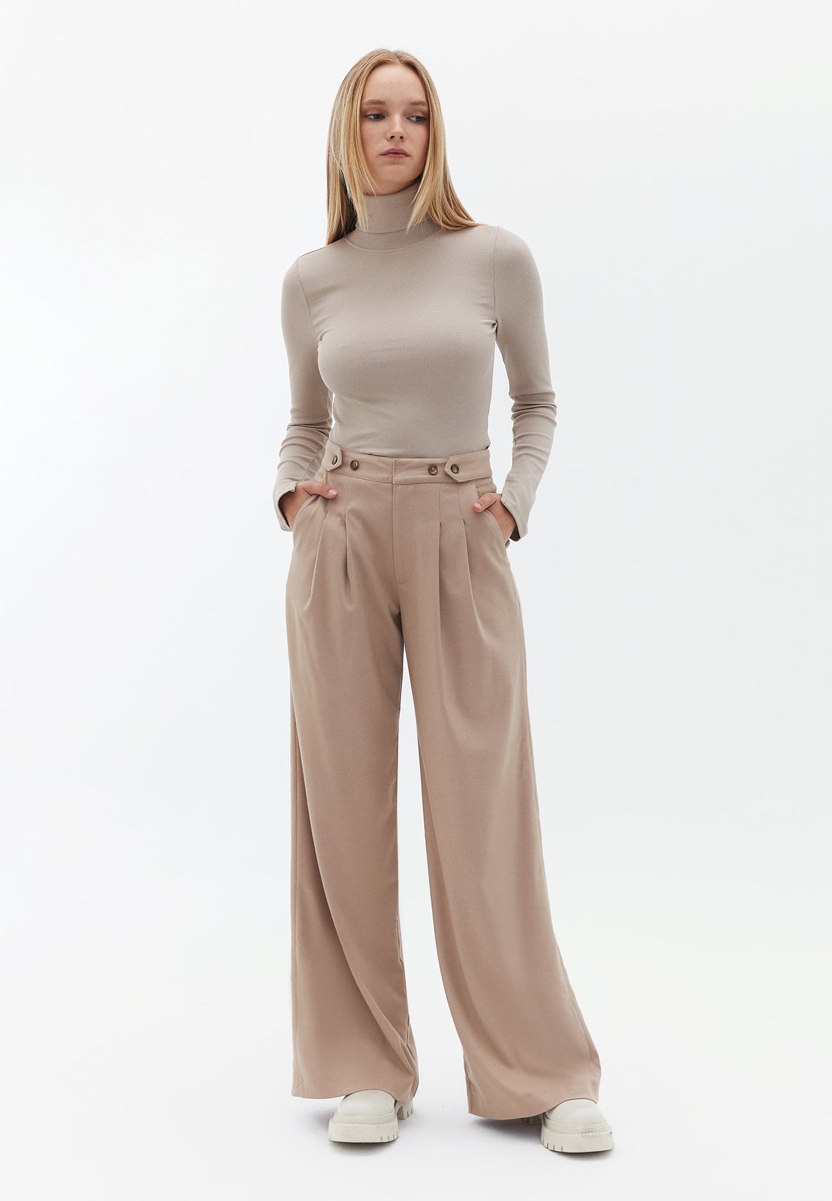Wide Leg Pants With Button Details - STUCCO