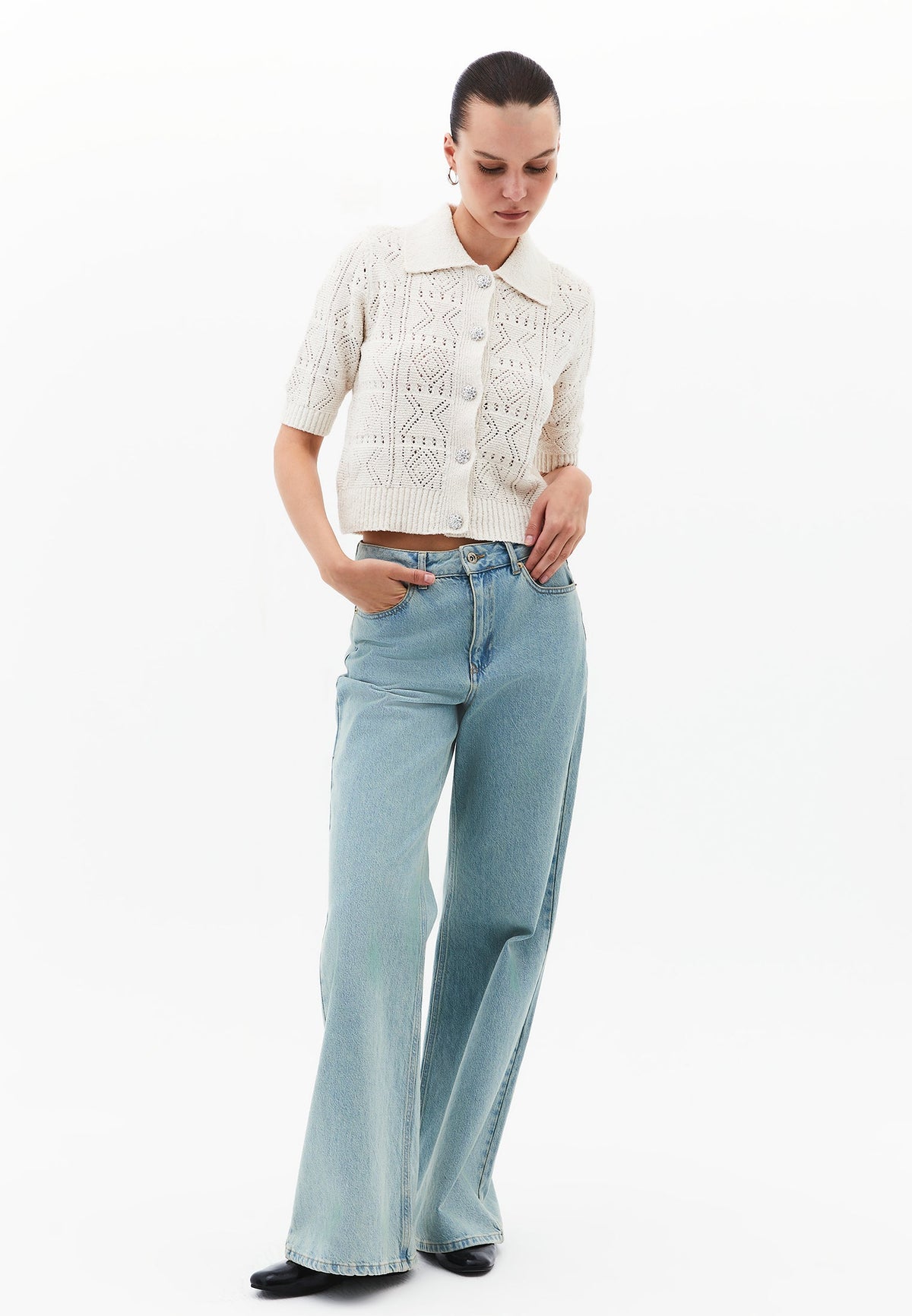Ajour Short Cardigan With Polo Collar - TURTLEDOVE