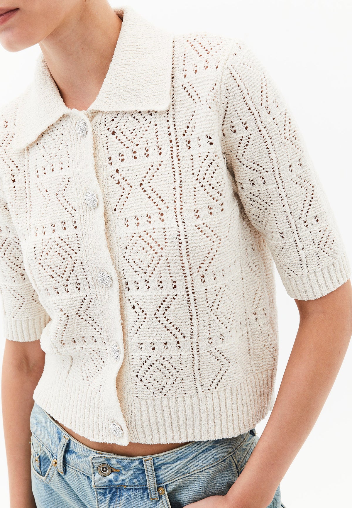 Ajour Short Cardigan With Polo Collar - TURTLEDOVE