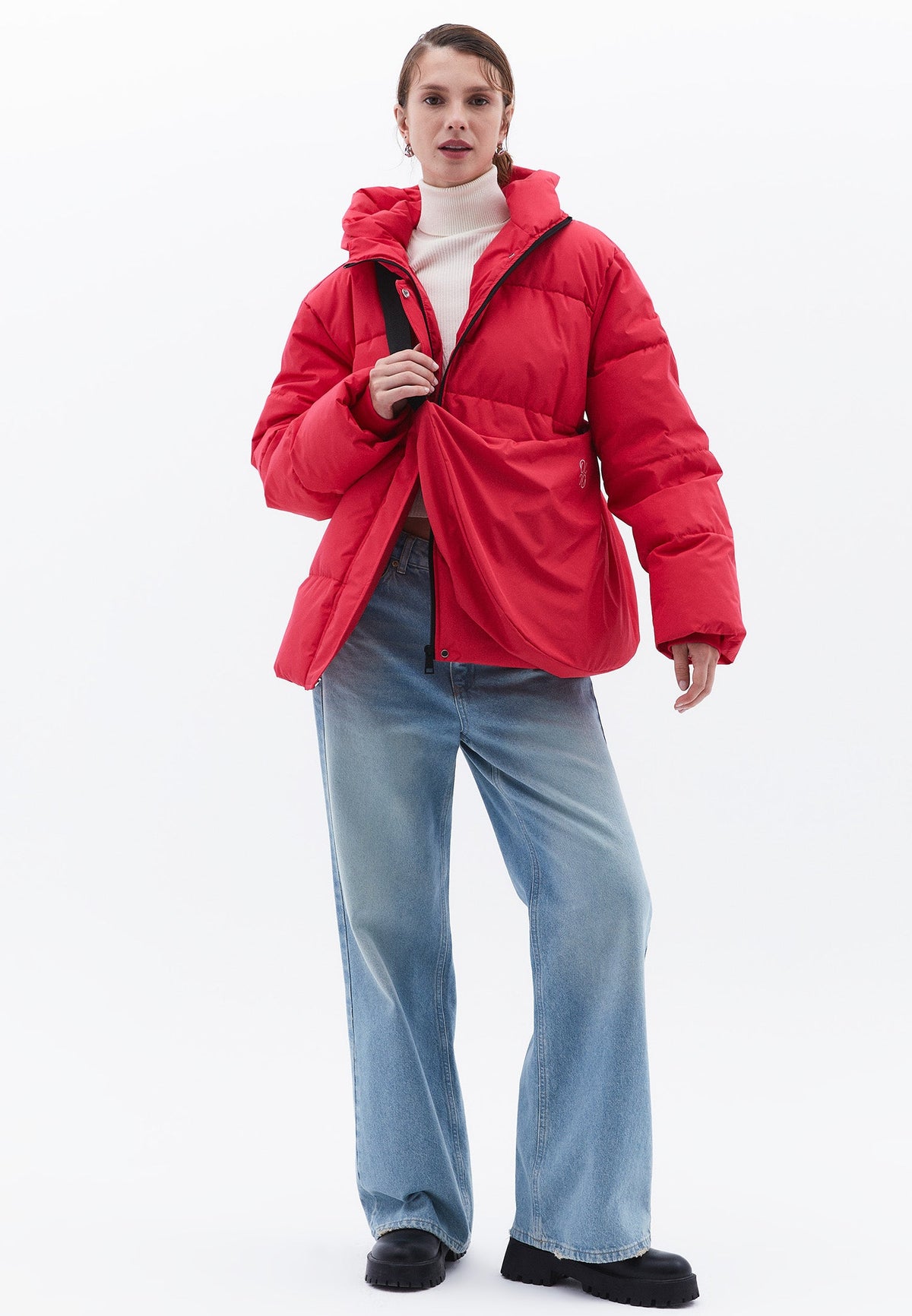High Collar Long Sleeved Women's Coat - VIVA MAGENTA