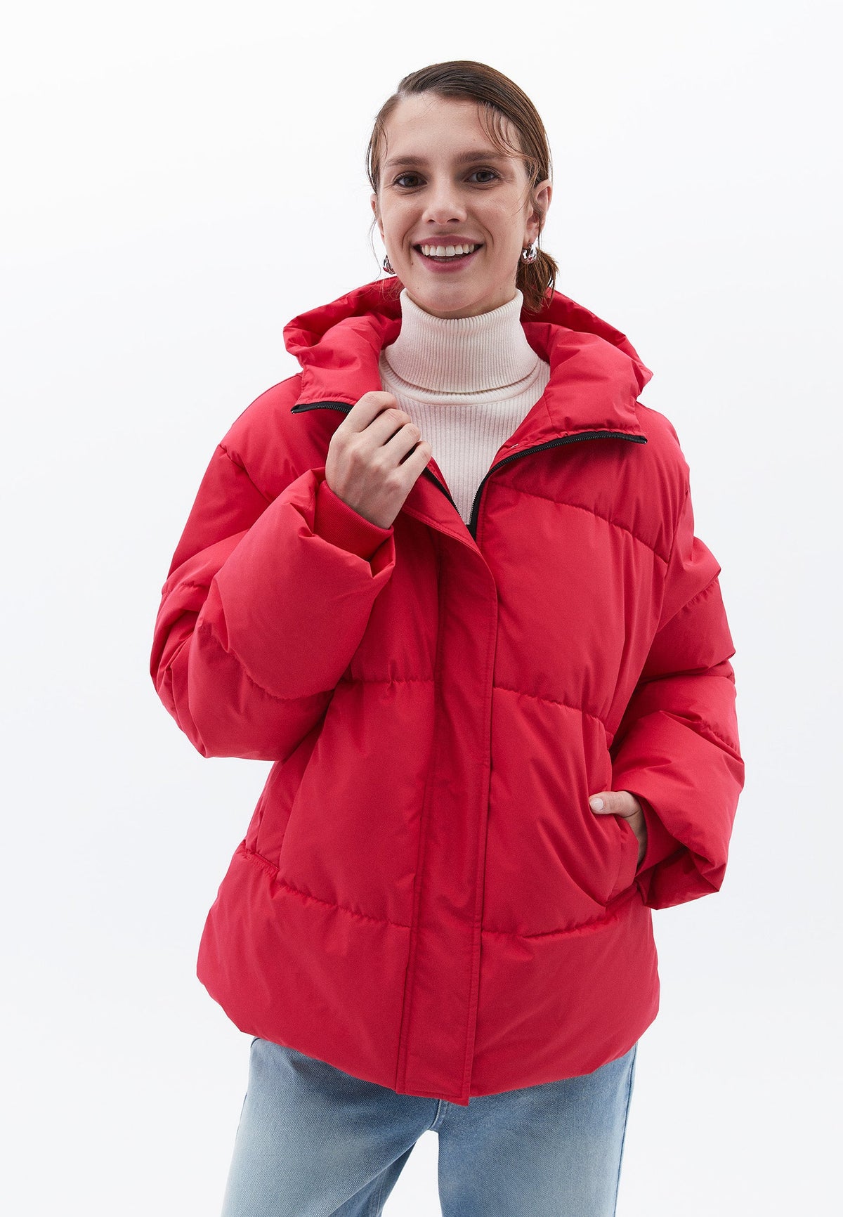 High Collar Long Sleeved Women's Coat - VIVA MAGENTA