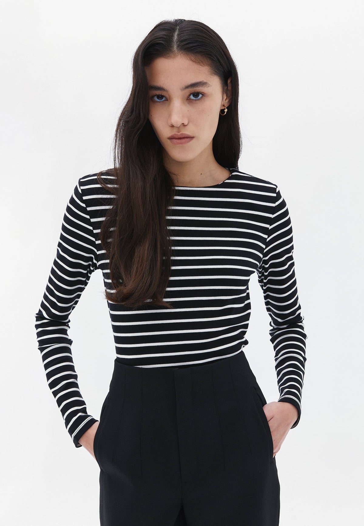 Long Sleeve Boat Neck Sweatshirt - BLACK/WHITE