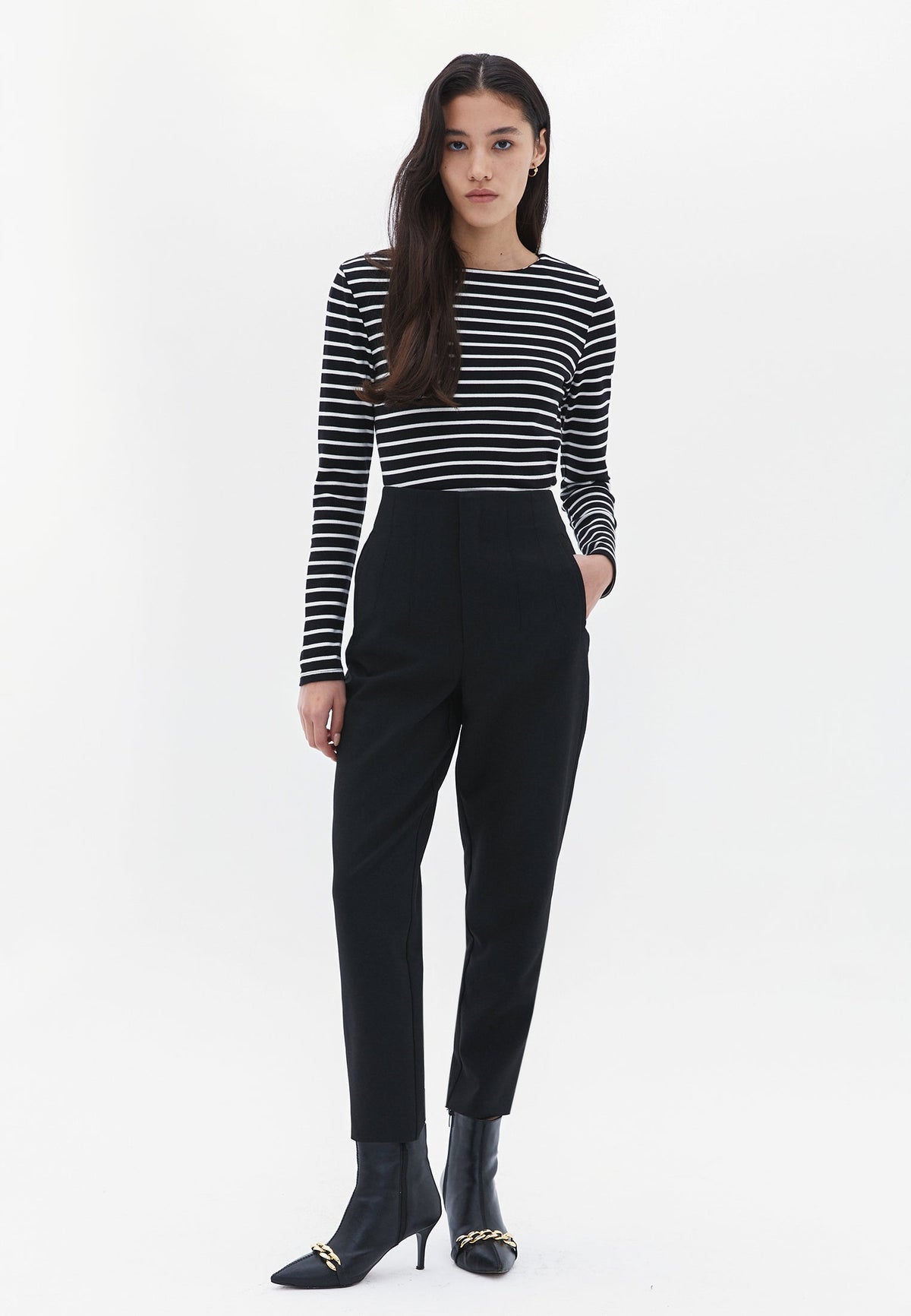 Long Sleeve Boat Neck Sweatshirt - BLACK/WHITE