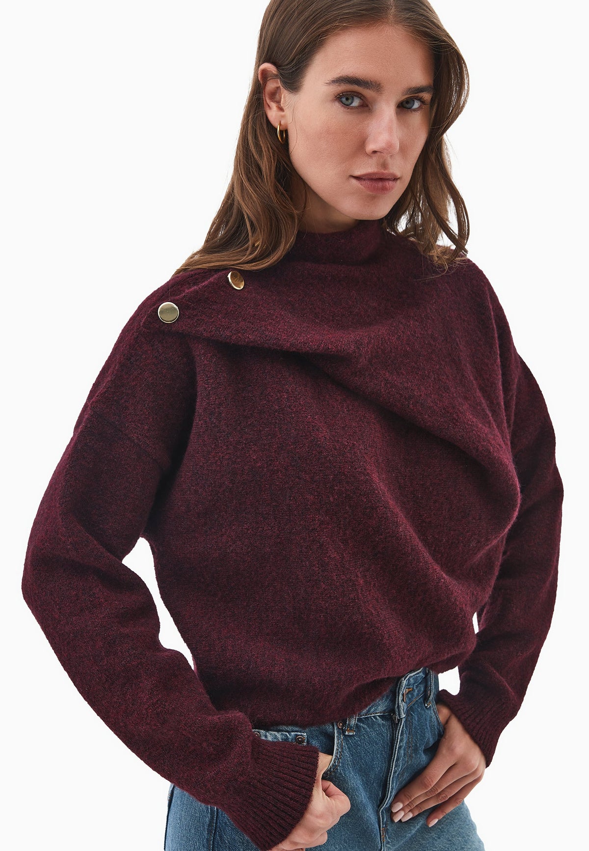 High Neck Button Detailed Sweater - WINETASTING