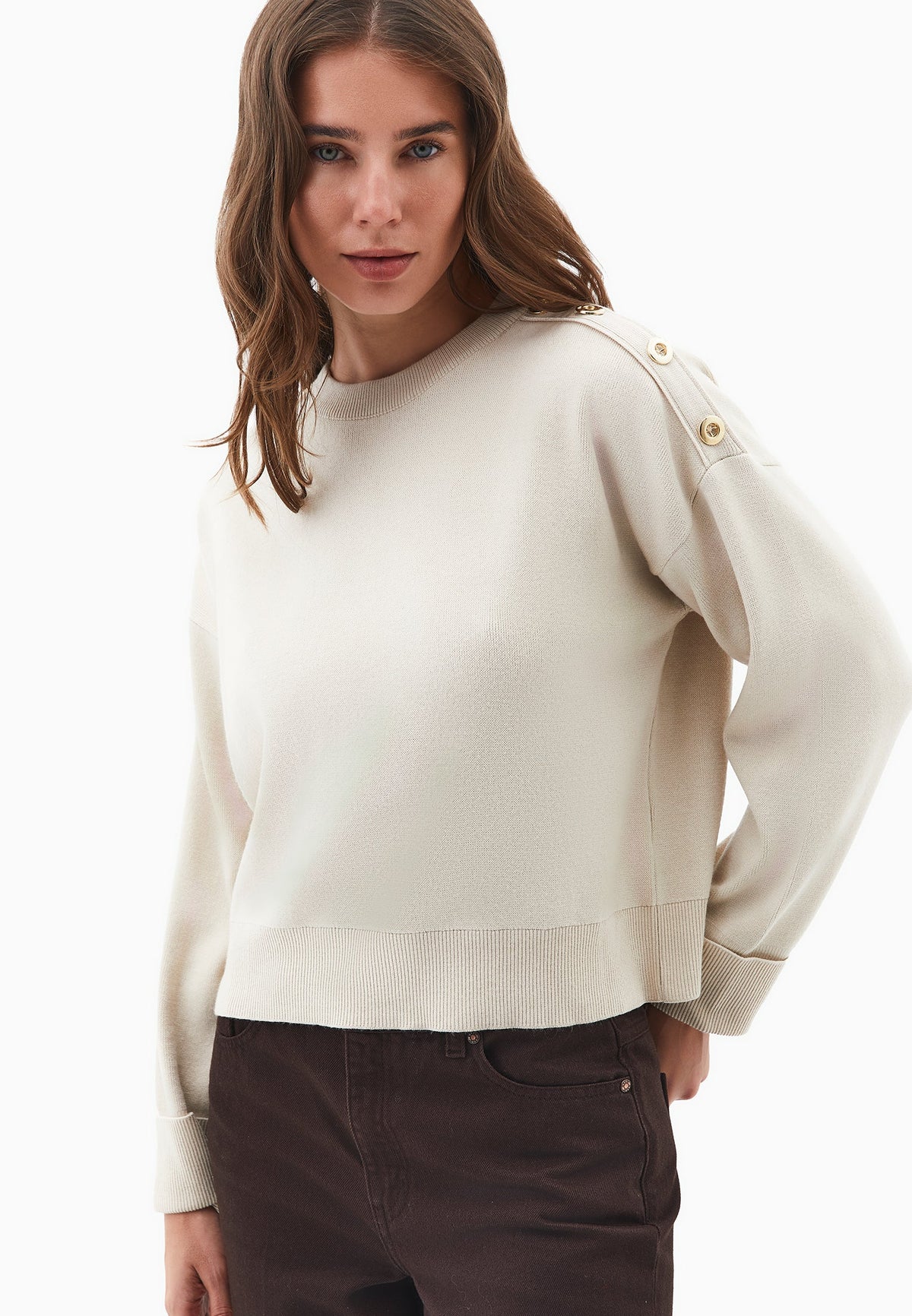 Viscose Sweater With Round Neck - ALMOND MILK