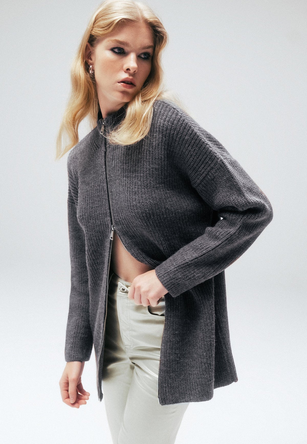 Long Sleeve High Neck Knit Cardigan - ANTHRA MELANGE