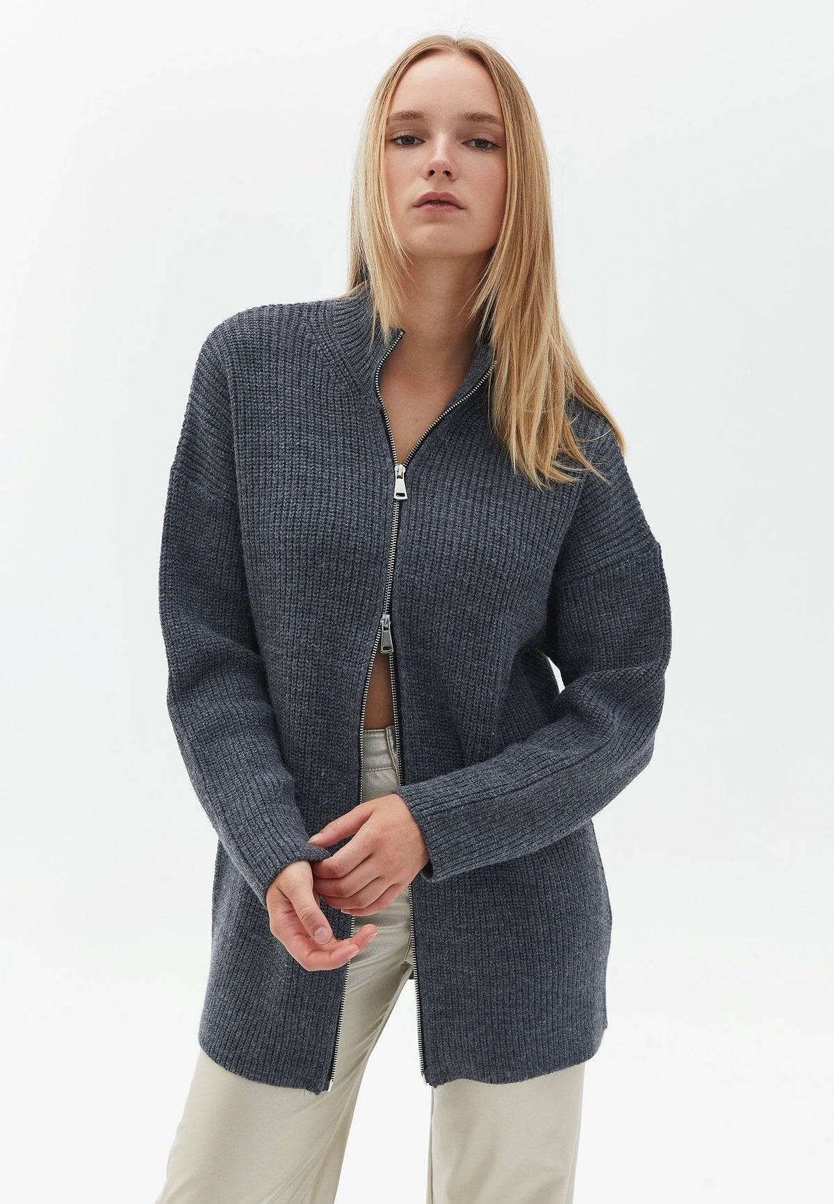 Long Sleeve High Neck Knit Cardigan - ANTHRA MELANGE