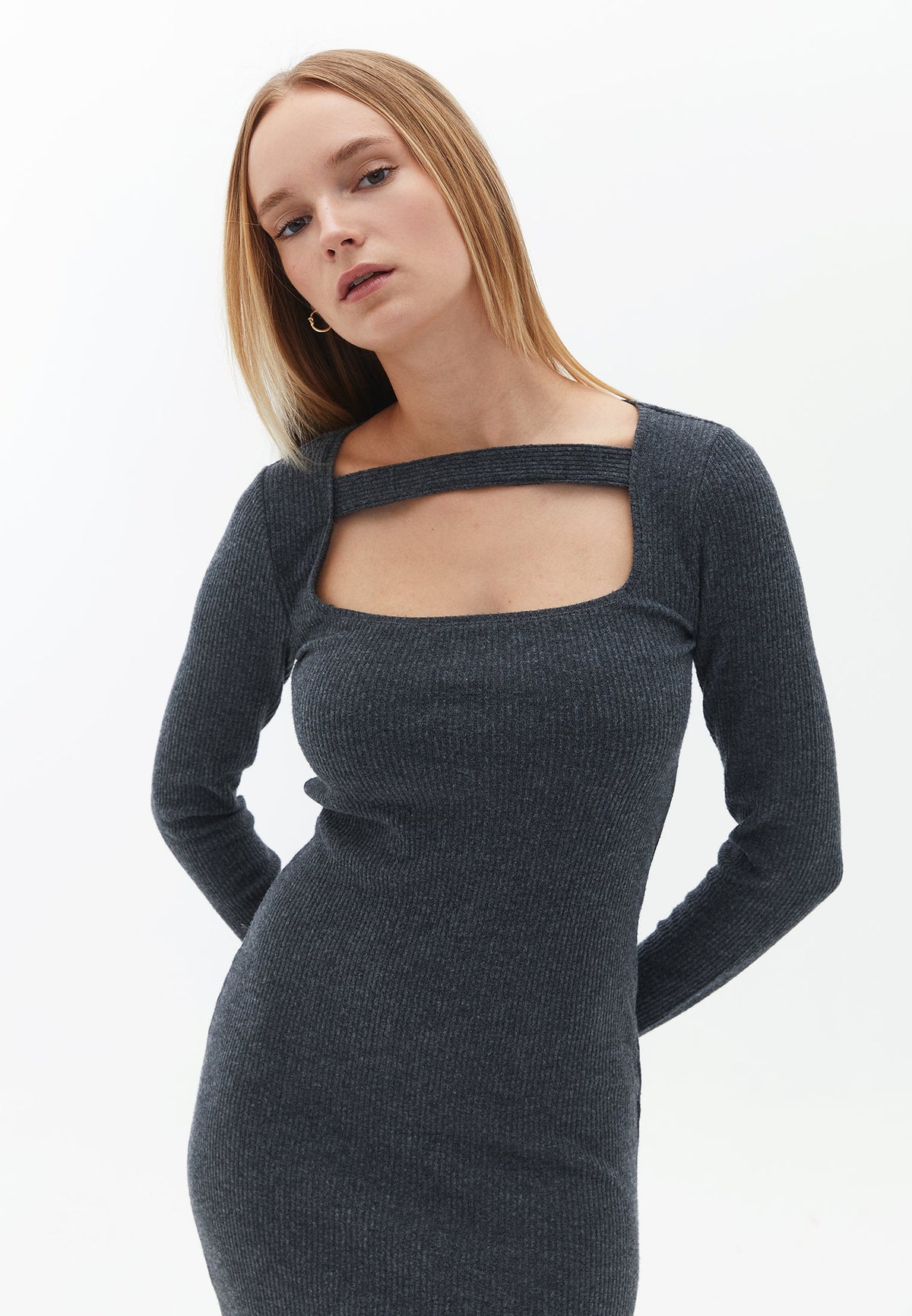 Long Sleeve Square Neck Bodycon Dress - ANTHRA MELANGE