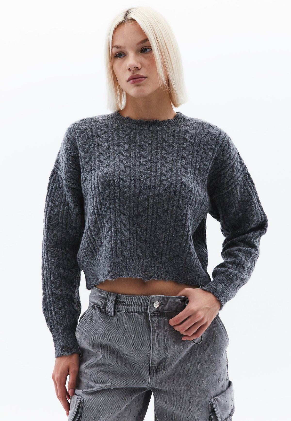 Sweater With Knitted Details And Crew Neck - ANTHRA MELANGE