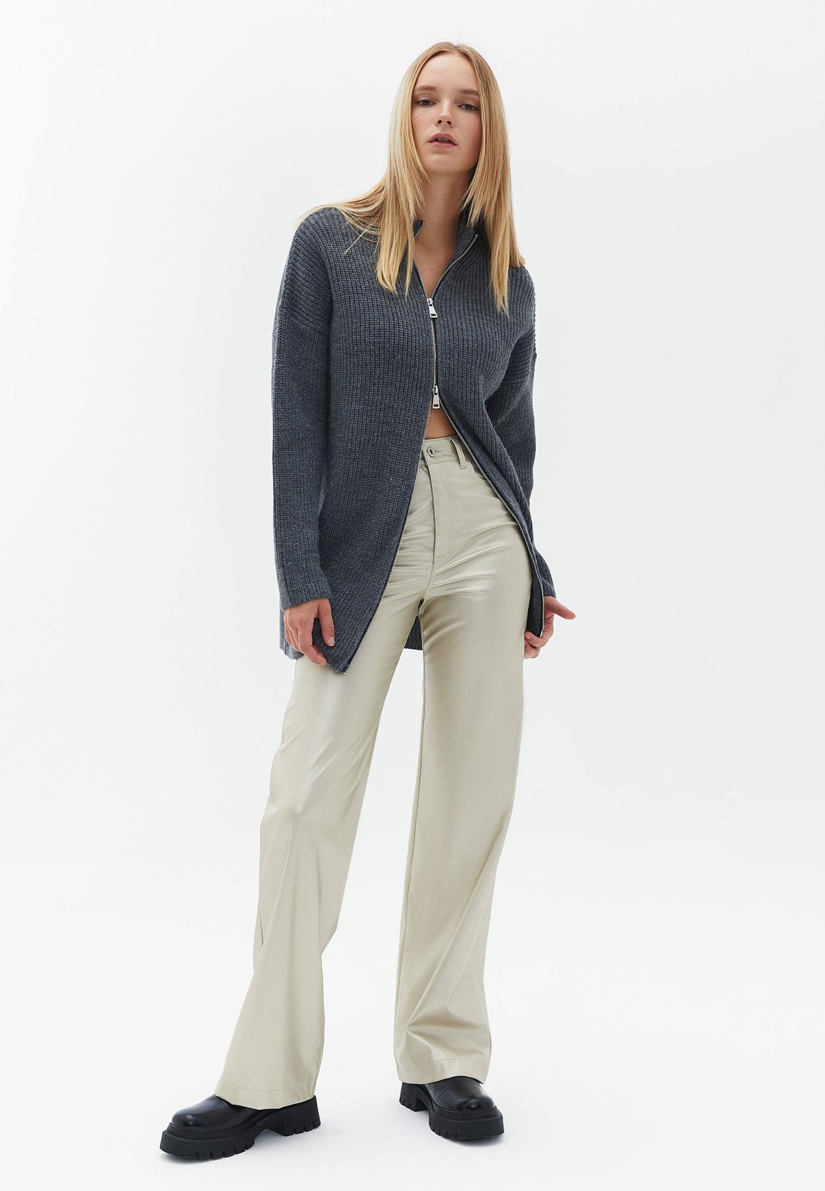 Long Sleeve High Neck Knit Cardigan - ANTHRA MELANGE