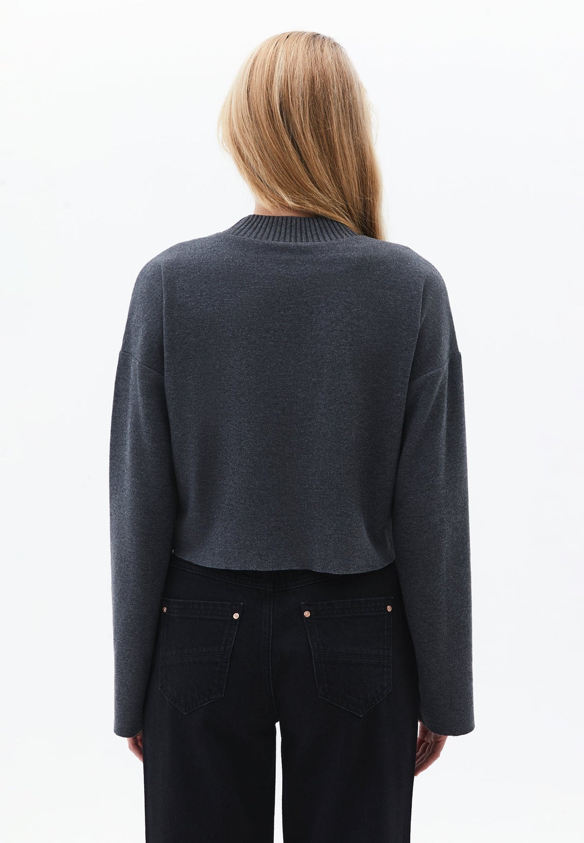 Crop High Neck Long Sleeve Sweater - ANTHRA MELANGE