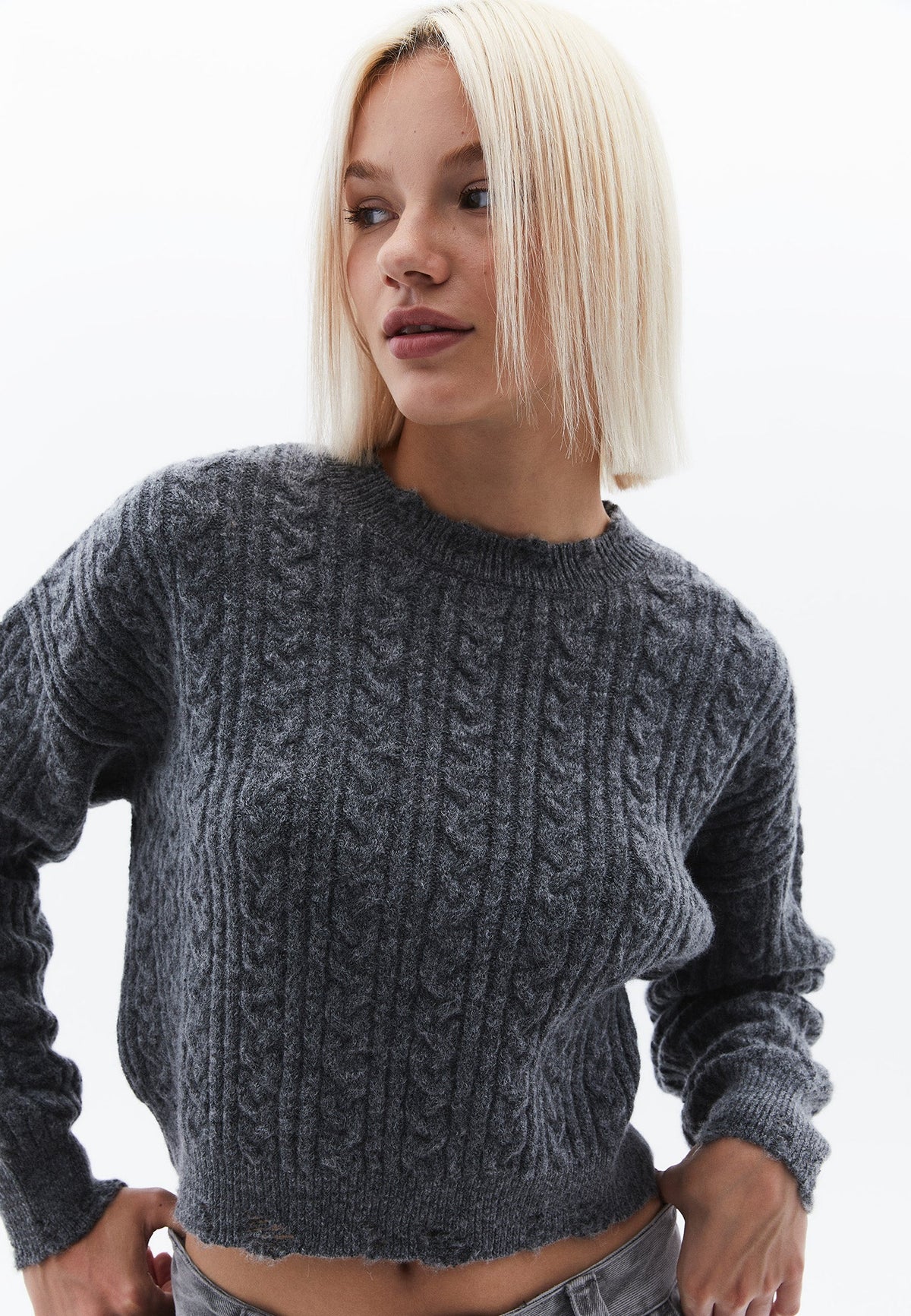 Sweater With Knitted Details And Crew Neck - ANTHRA MELANGE