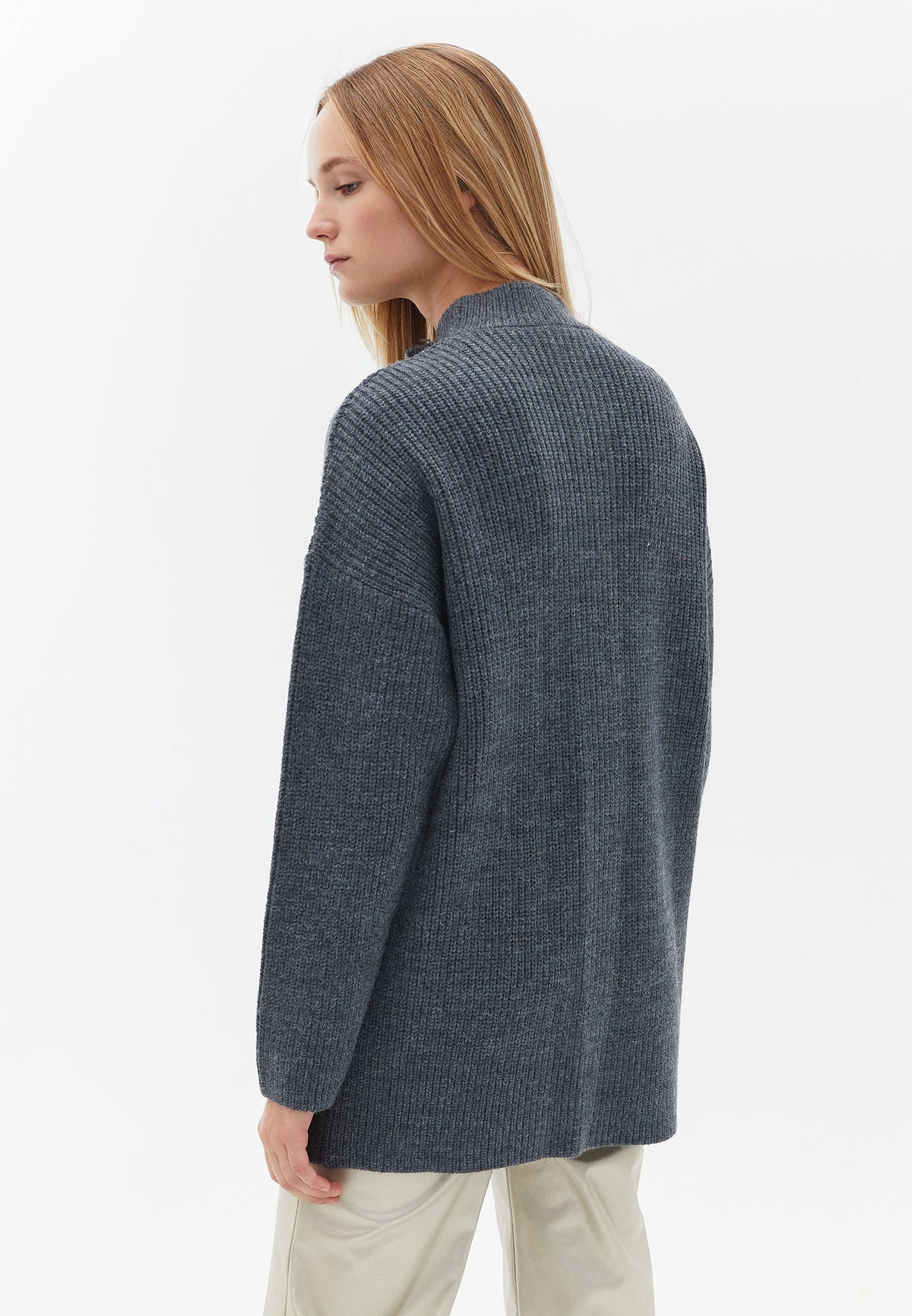 Long Sleeve High Neck Knit Cardigan - ANTHRA MELANGE