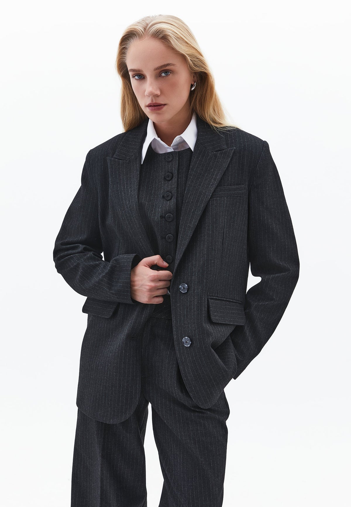 Boyfriend Fit Long Blazer - ANTHRA STRIPE