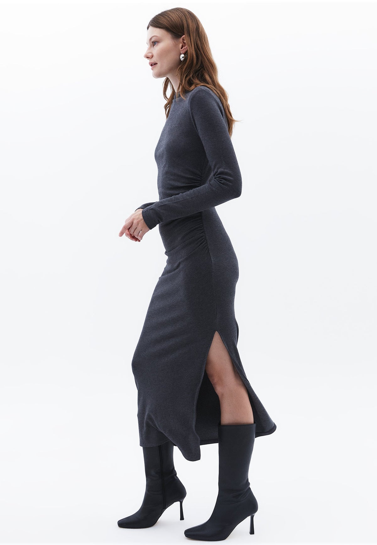 High Neck Long Sleeve Ruched Long Slim Dress - ANTRA MELANGE
