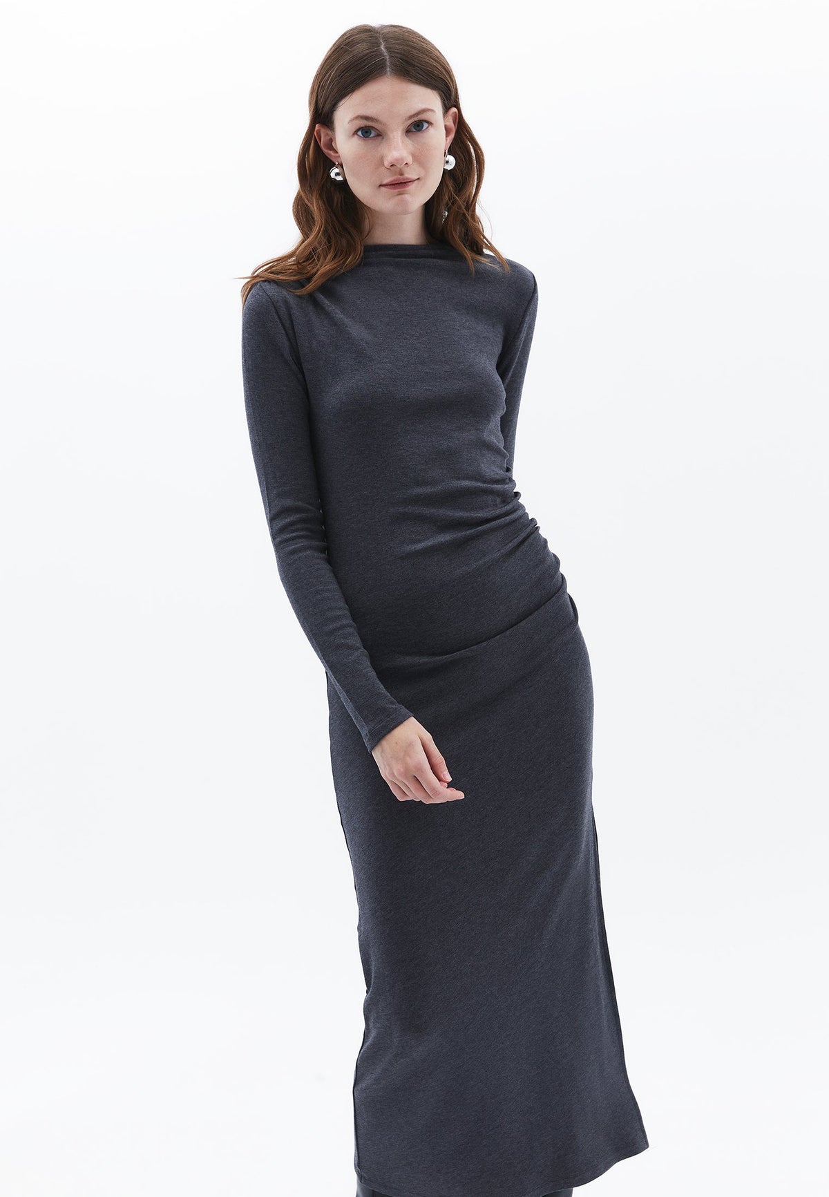 High Neck Long Sleeve Ruched Long Slim Dress - ANTRA MELANGE