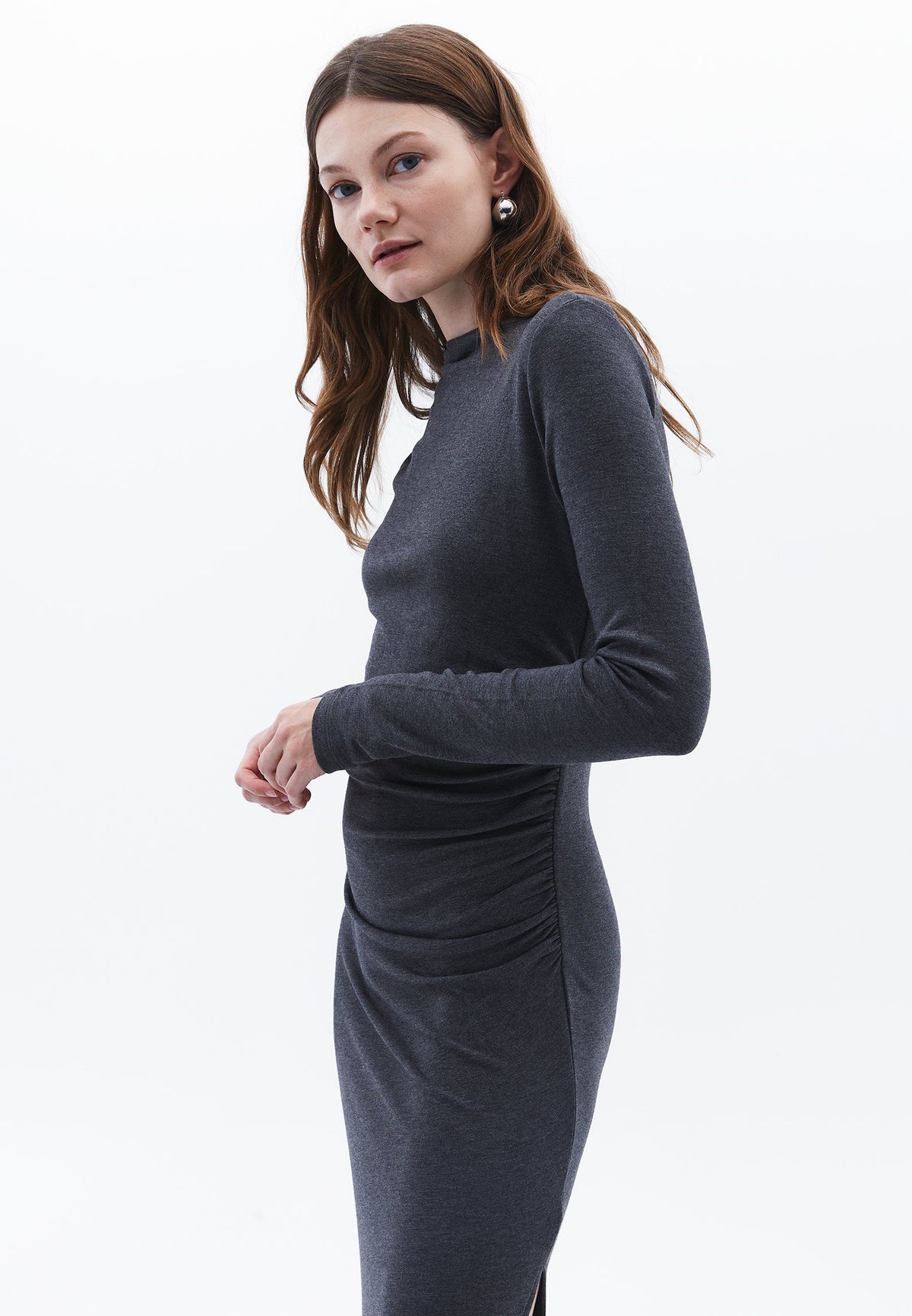 High Neck Long Sleeve Ruched Long Slim Dress - ANTRA MELANGE