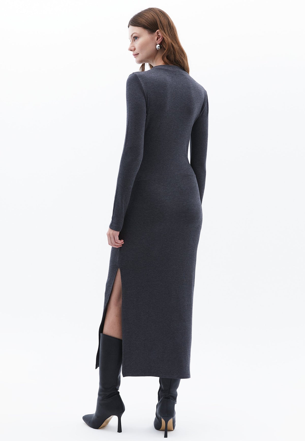 High Neck Long Sleeve Ruched Long Slim Dress - ANTRA MELANGE