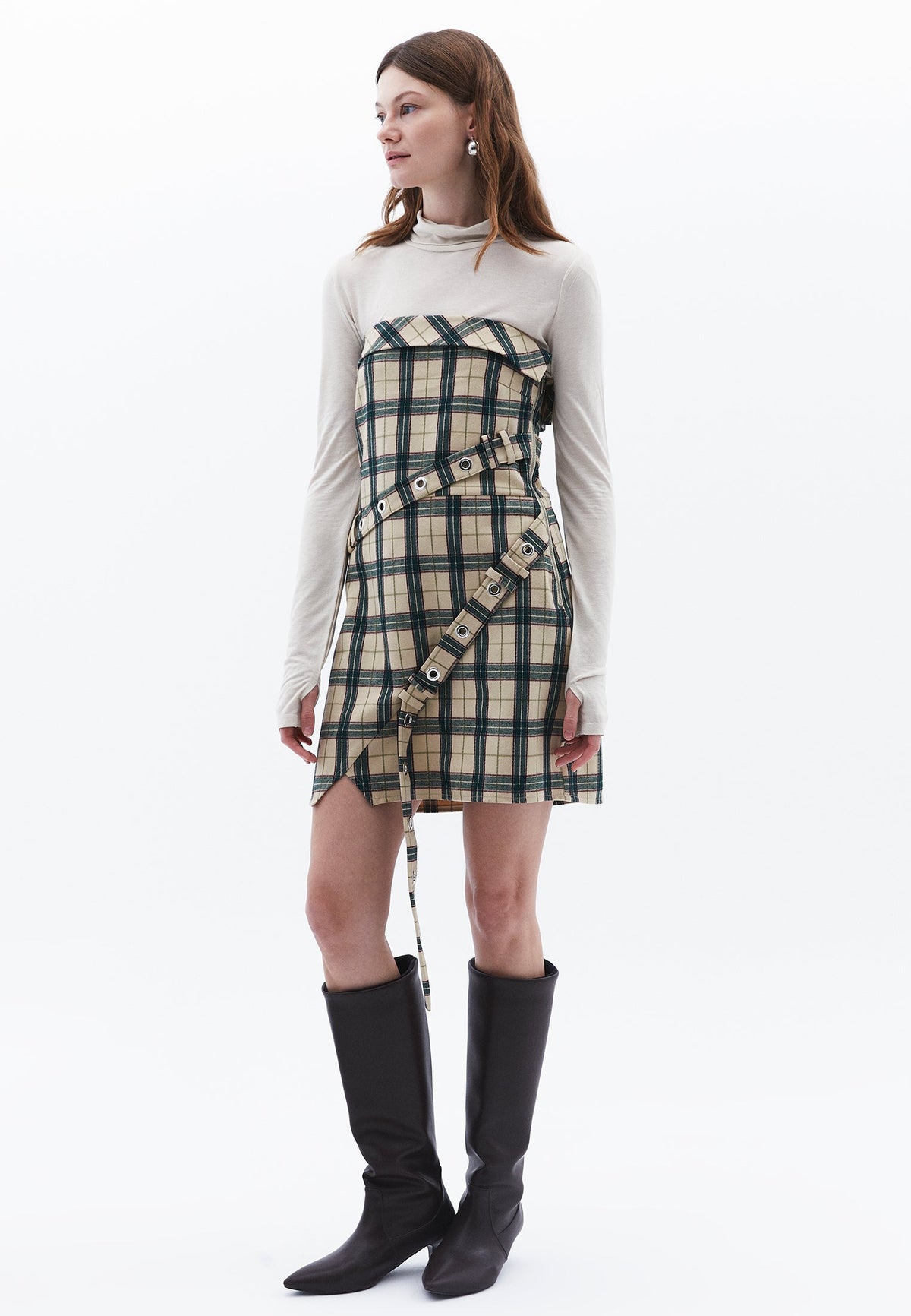 Belted Sleeveless Strapless Short Dress - BEIGE CHECK COMB