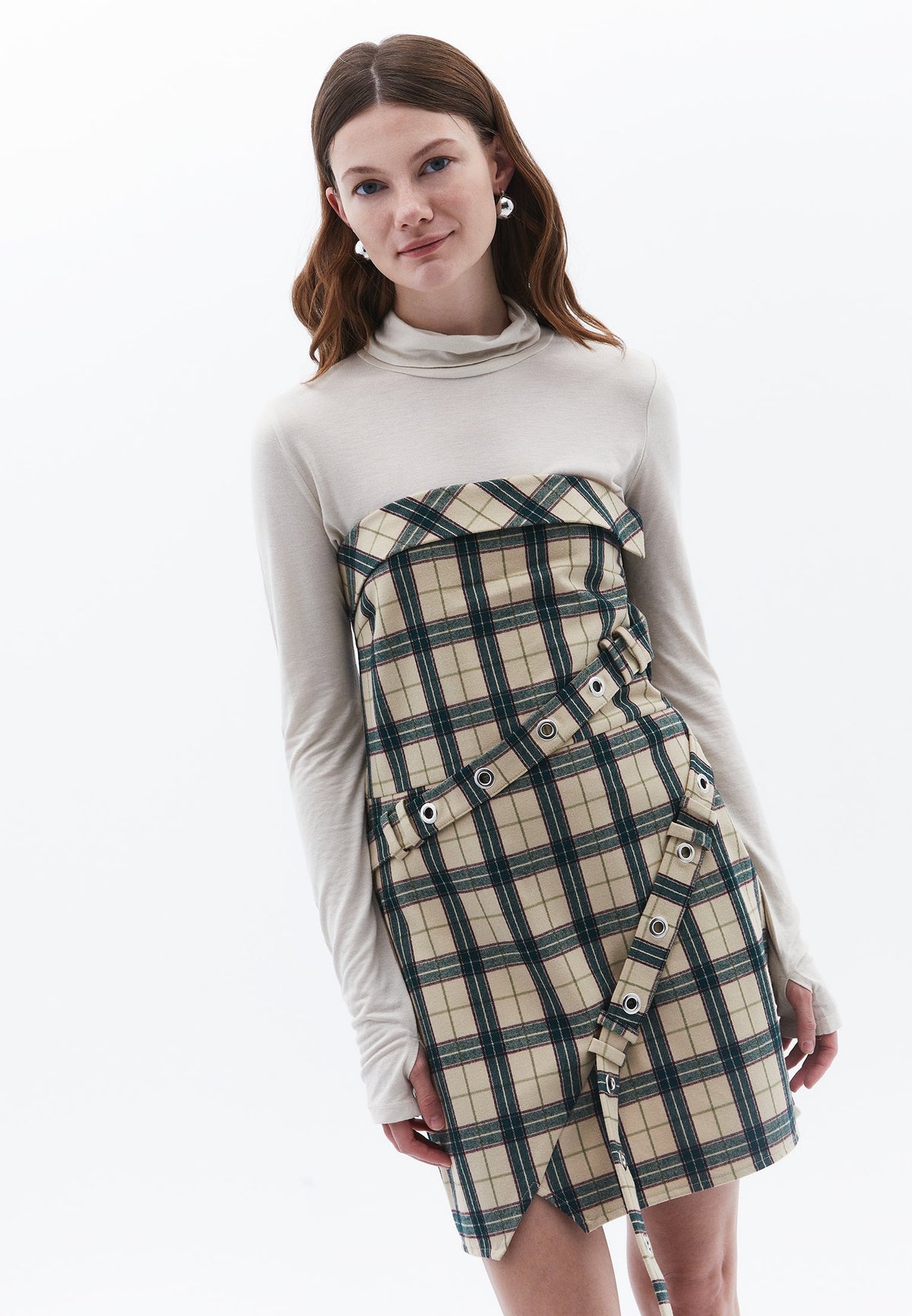 Belted Sleeveless Strapless Short Dress - BEIGE CHECK COMB