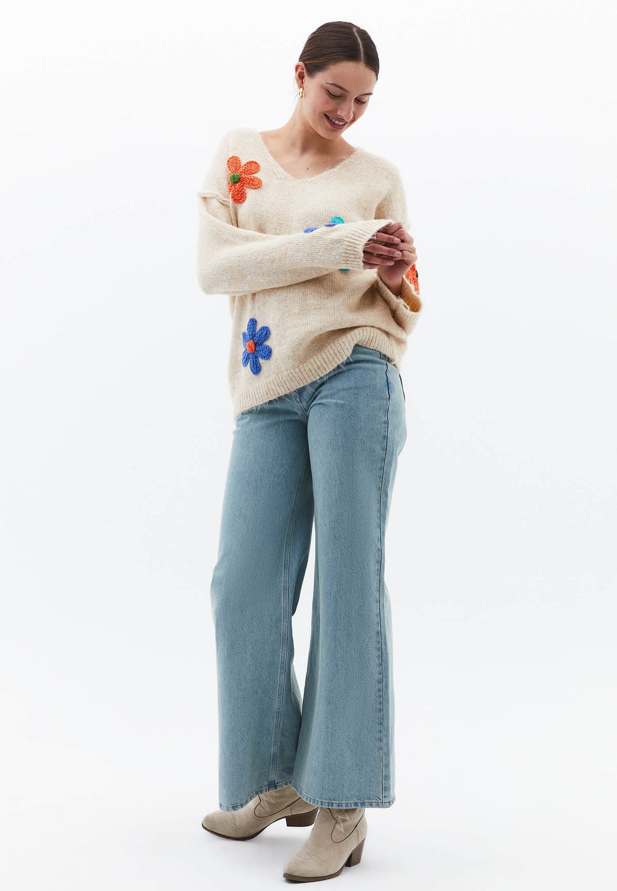 Deep V Neck Loose Knit Sweater - BEIGE MELANGE