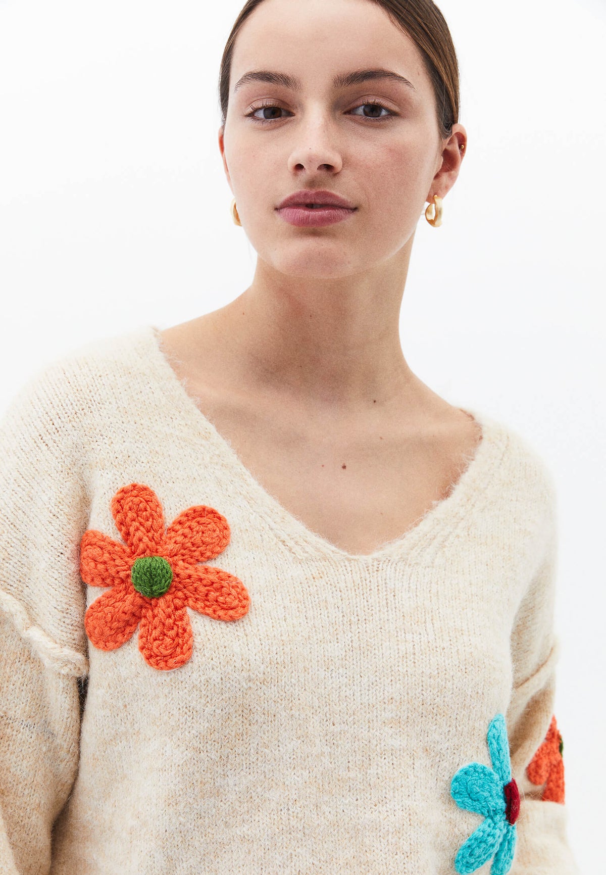 Deep V Neck Loose Knit Sweater - BEIGE MELANGE