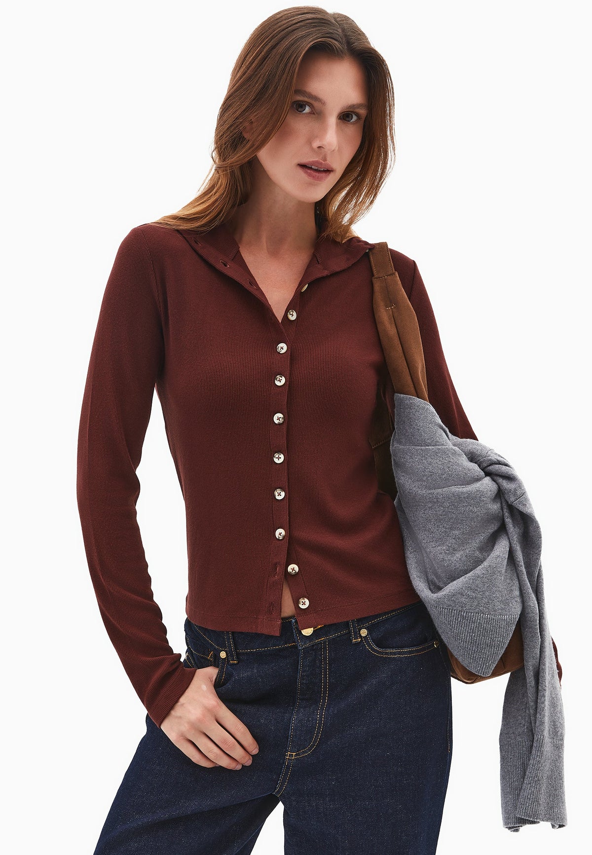 Bodycon Buttoned Blouse - BITTER CHOCOLATE