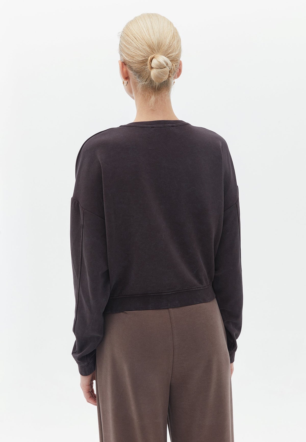 Short Sweatshirt Crew Neck Long Sleeve - BLACK COFFEE