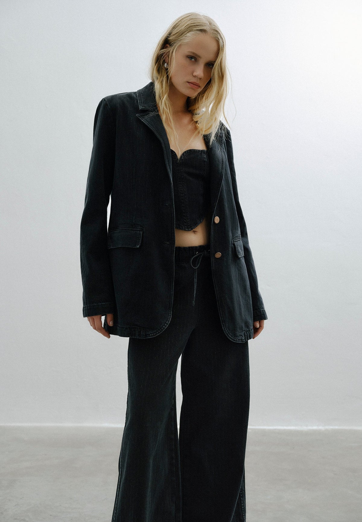 Double Breasted Lapel Boyfriend Blazer Jacket - BLACK DENIM