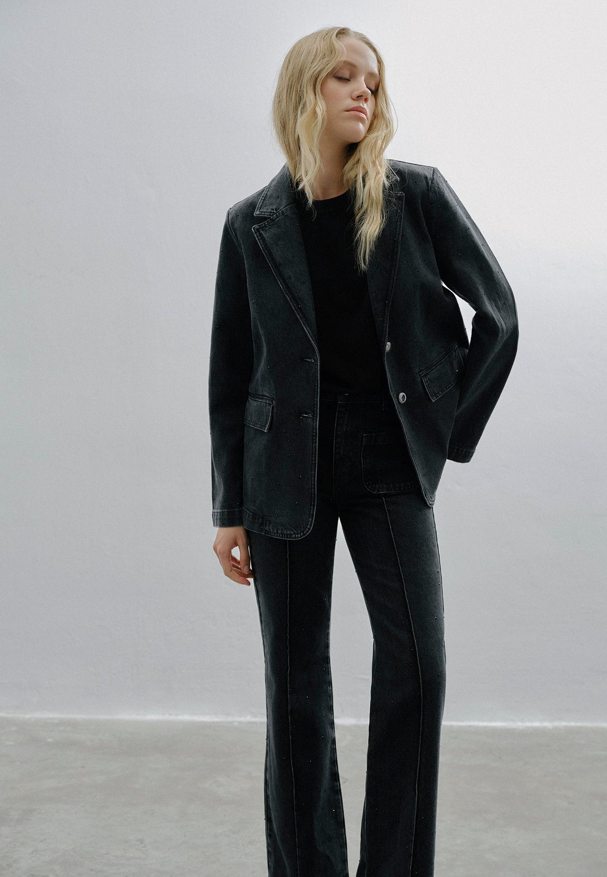 Double-Breasted Collar Oversize Tunic Blazer Jacket - BLACK DENIM