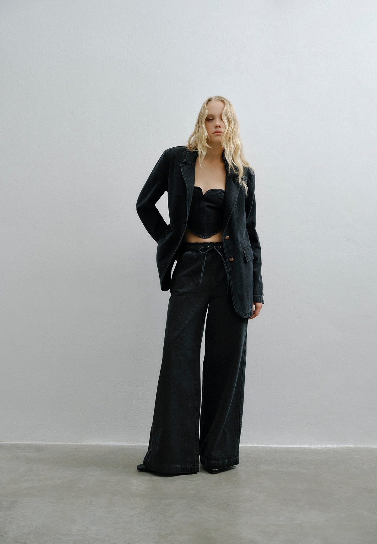 Double Breasted Lapel Boyfriend Blazer Jacket - BLACK DENIM