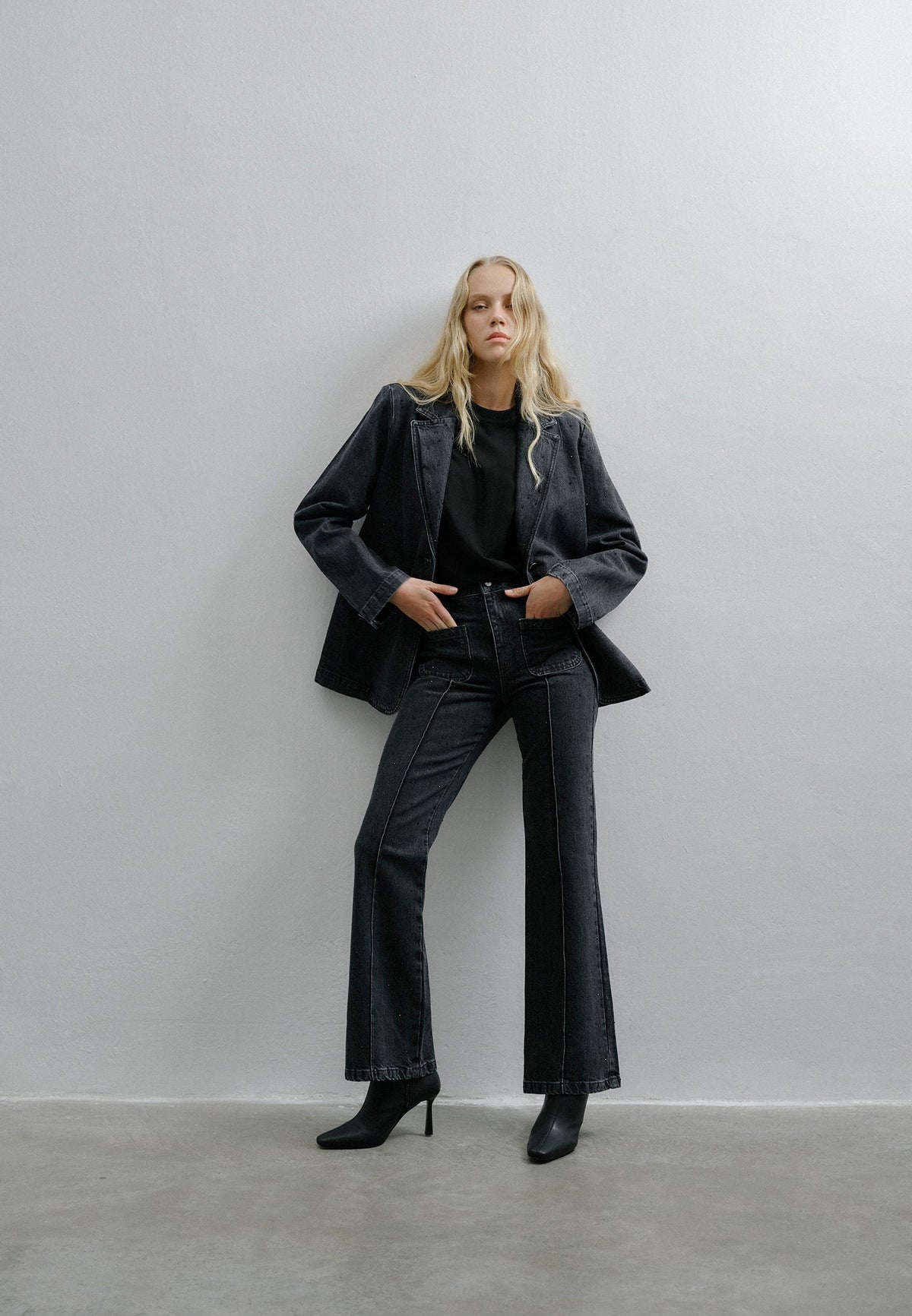 Double-Breasted Collar Oversize Tunic Blazer Jacket - BLACK DENIM