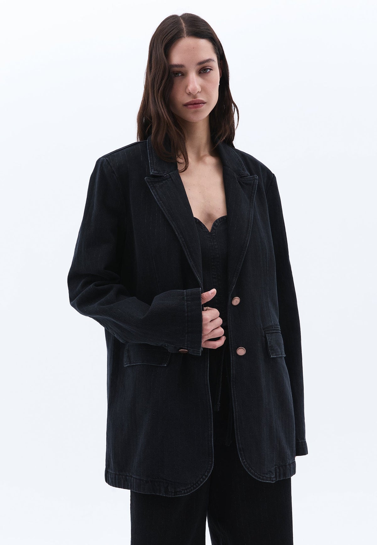 Double Breasted Lapel Boyfriend Blazer Jacket - BLACK DENIM